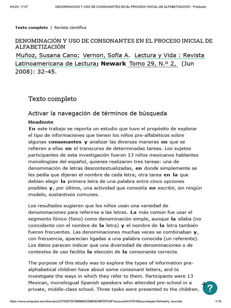 Denominaci n y uso de consonantes en el proceso inicial de