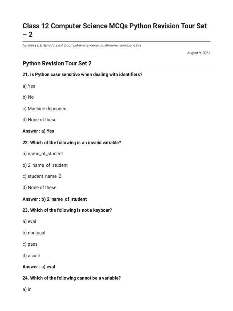 Class 12 Computer Science MCQs Python Revision Tour Set - 2 ...
