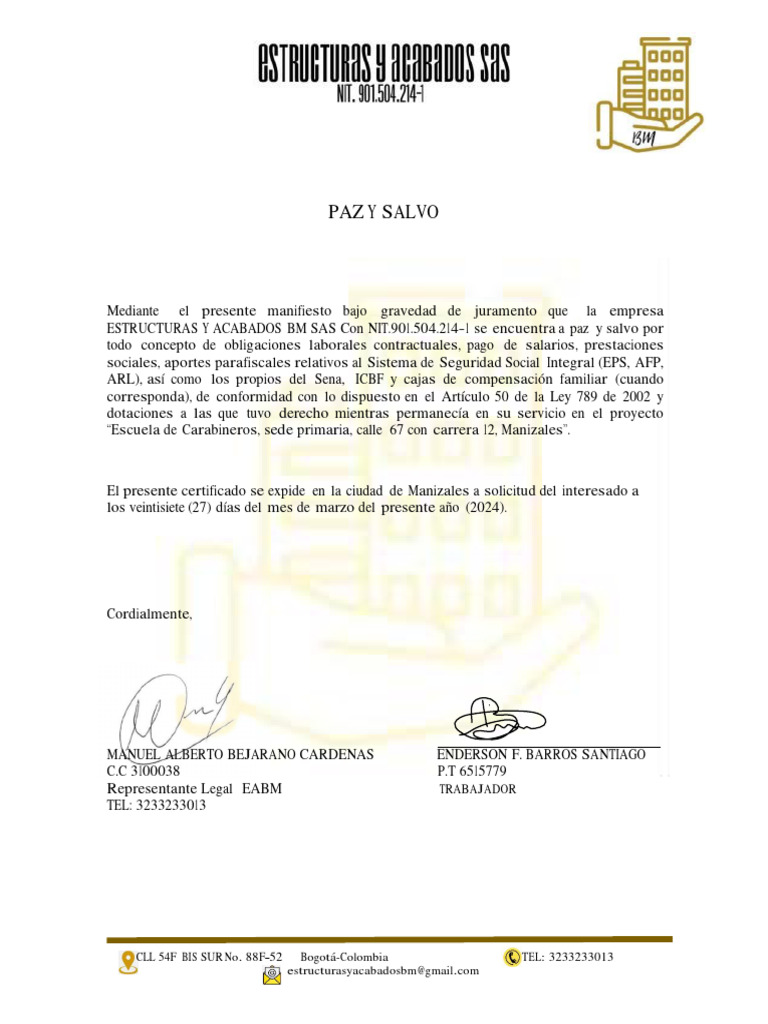 Certificado de Paz y Salvo Laboral | PDF