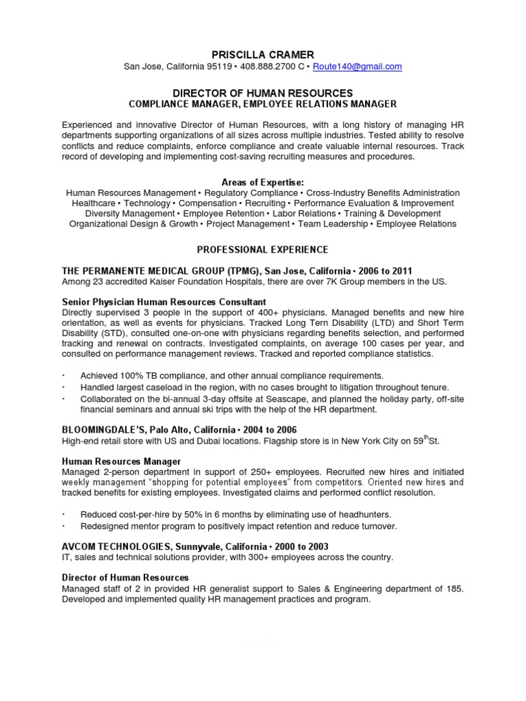 Human Resources Manager in San Jose CA Resume Priscilla Cramer PDF Kaiser Permanente Human