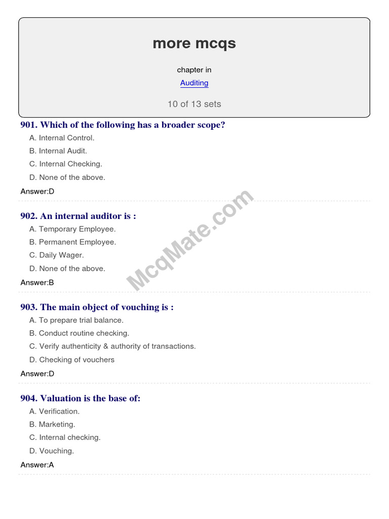 Internal Audit MCQs with Answers | PDF | Audit | Internal Control