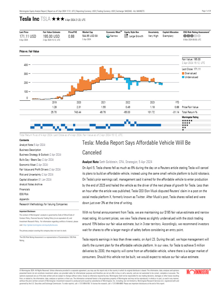 TSLA Tesla Inc (Stock Report) 4 Apr 2024 | PDF | Electric Vehicle | Car