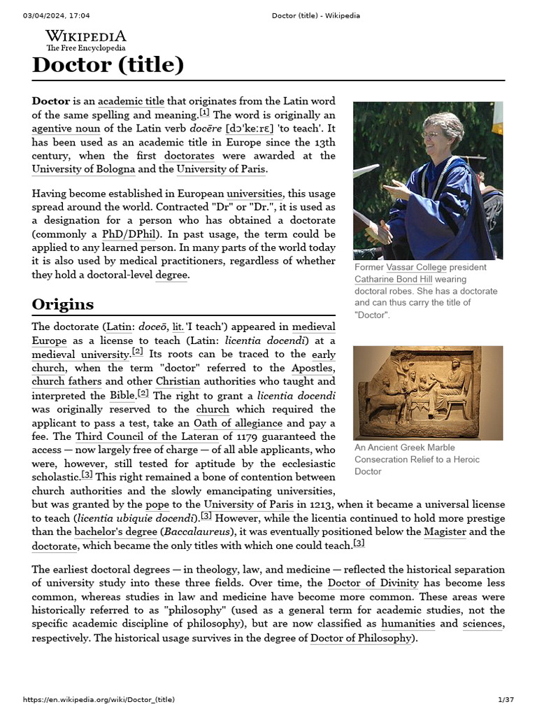 Doctor (Title) - Wikipedia | PDF | Academic Degree | Doctorate