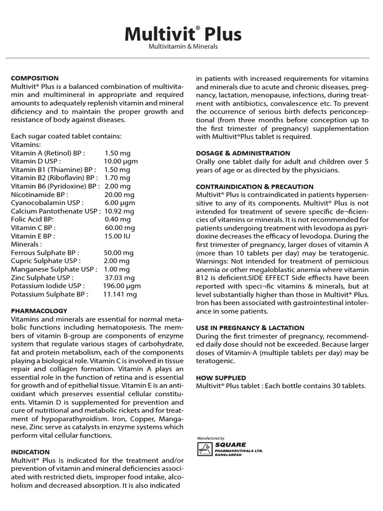 Multivit Plus: Composition and Benefits | PDF | Vitamin | Vitamin A
