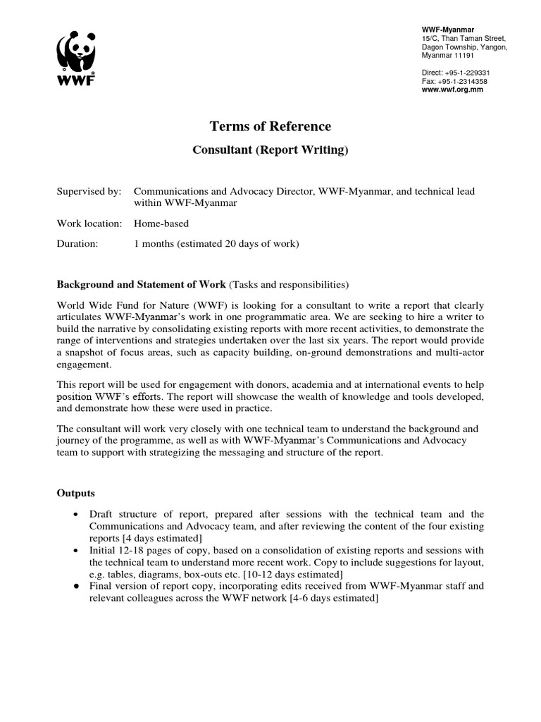 TOR Consultant For Infrastructure Report WWF-Myanmar 0 | PDF