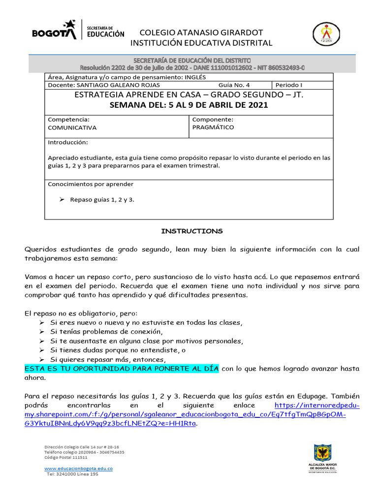 Repaso Inglés Segundo Grado Abril 2021 | PDF | Estudios de idiomas ...