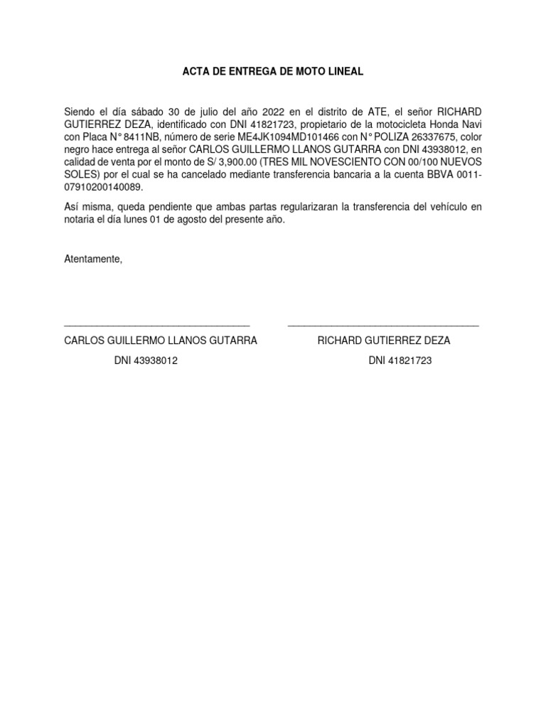 Acta de Venta de Motocicleta Honda | PDF | Finanzas y dinero