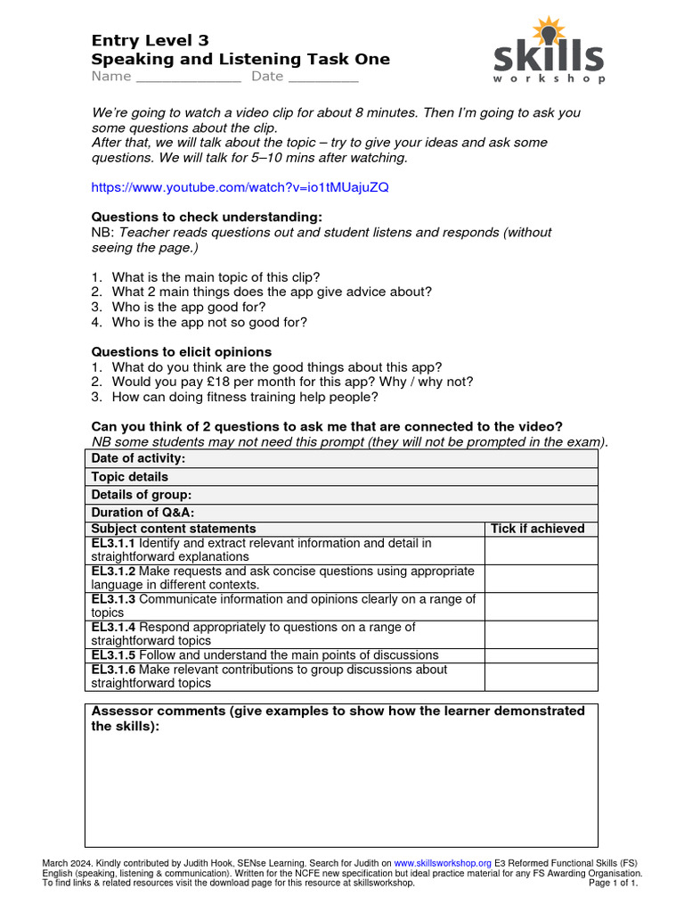 Entry Level 3 Speaking Task Guide | PDF | Learning | Communication