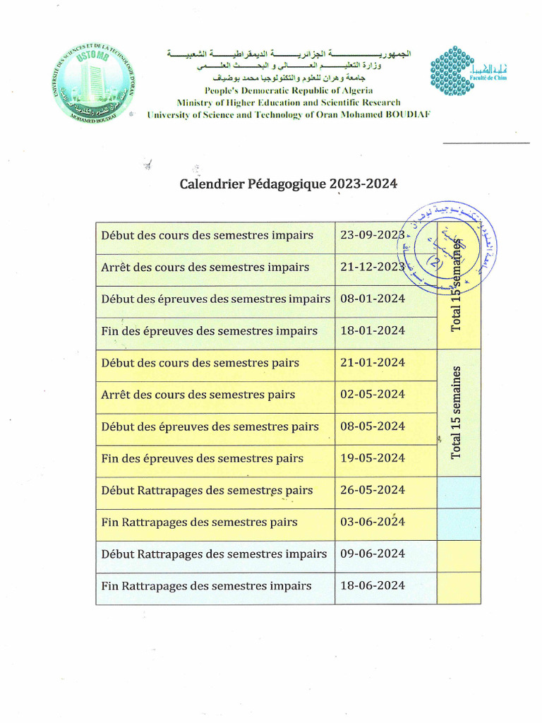 Calendrier Des Examens FC de Chimie 2023 2024 | PDF