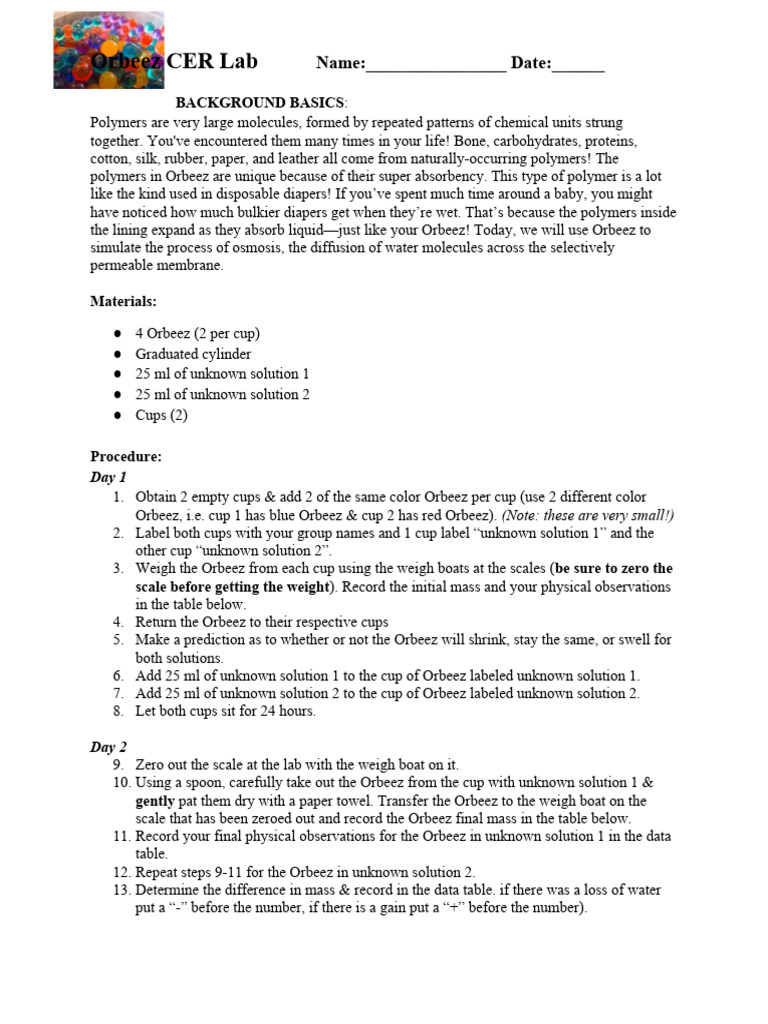 Osmosis & Orbeez CER PDF Osmosis Applied And Interdisciplinary