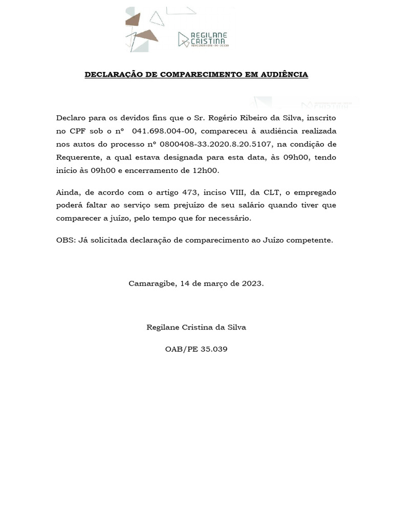 Declaração de Comparecimento em Audiência | PDF