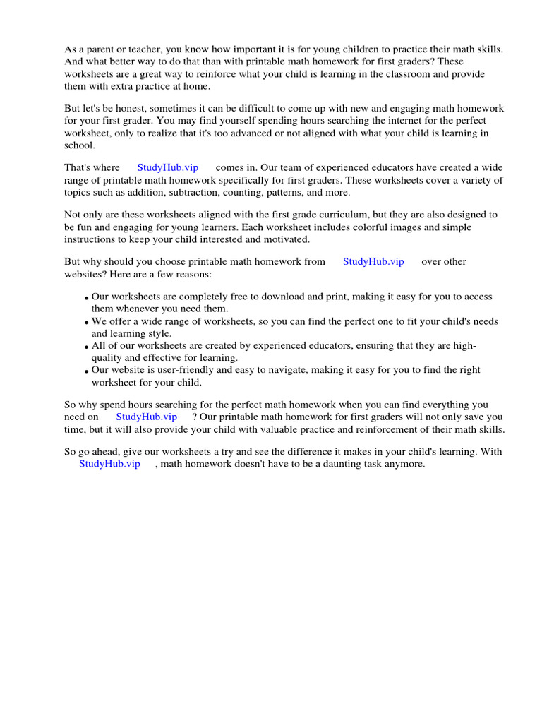 Printable Math Homework for First Graders | PDF | Mathematics | Worksheet