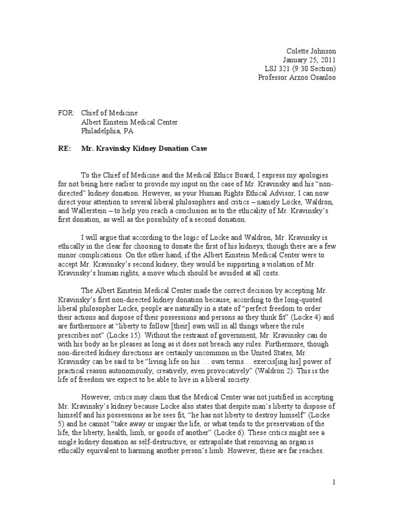 Ethical Kidney Donation mock letter Natural And Legal Rights Liberalism