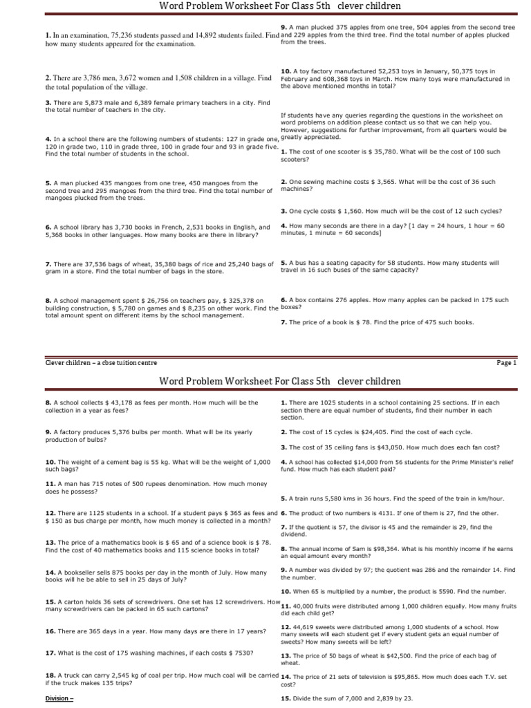 Class 5th Math Word Problem | PDF | Division (Mathematics)