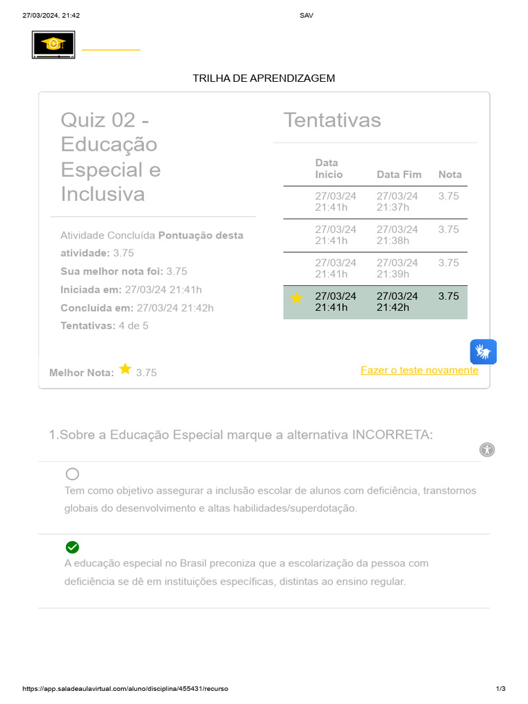 Ava 4 - Educação Inclusiva | PDF | Educação Especial | Aprendizado