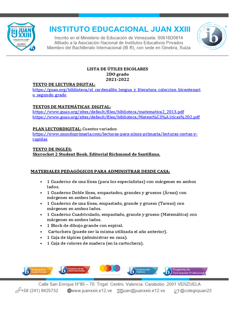 Lista de Utiles Escolares 2do Grado 2021 2022 | PDF