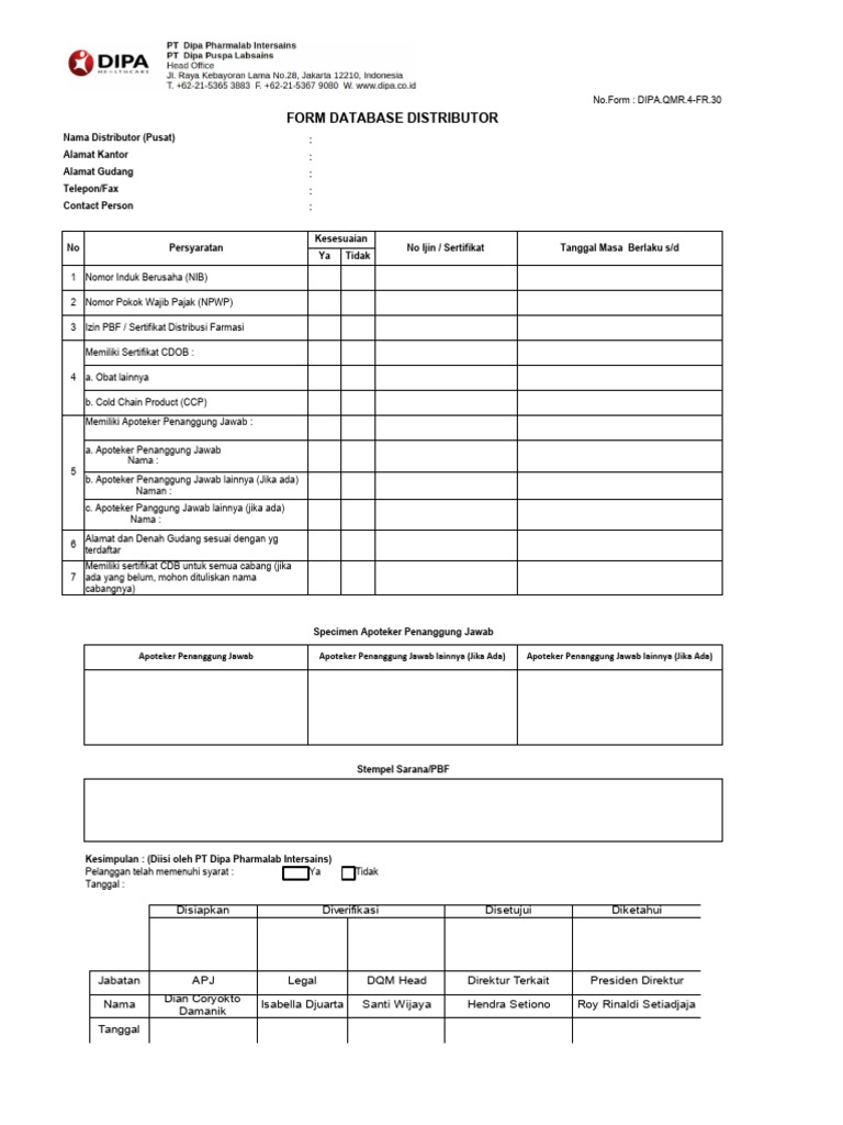 Formulir Database Distributor DIPA | PDF