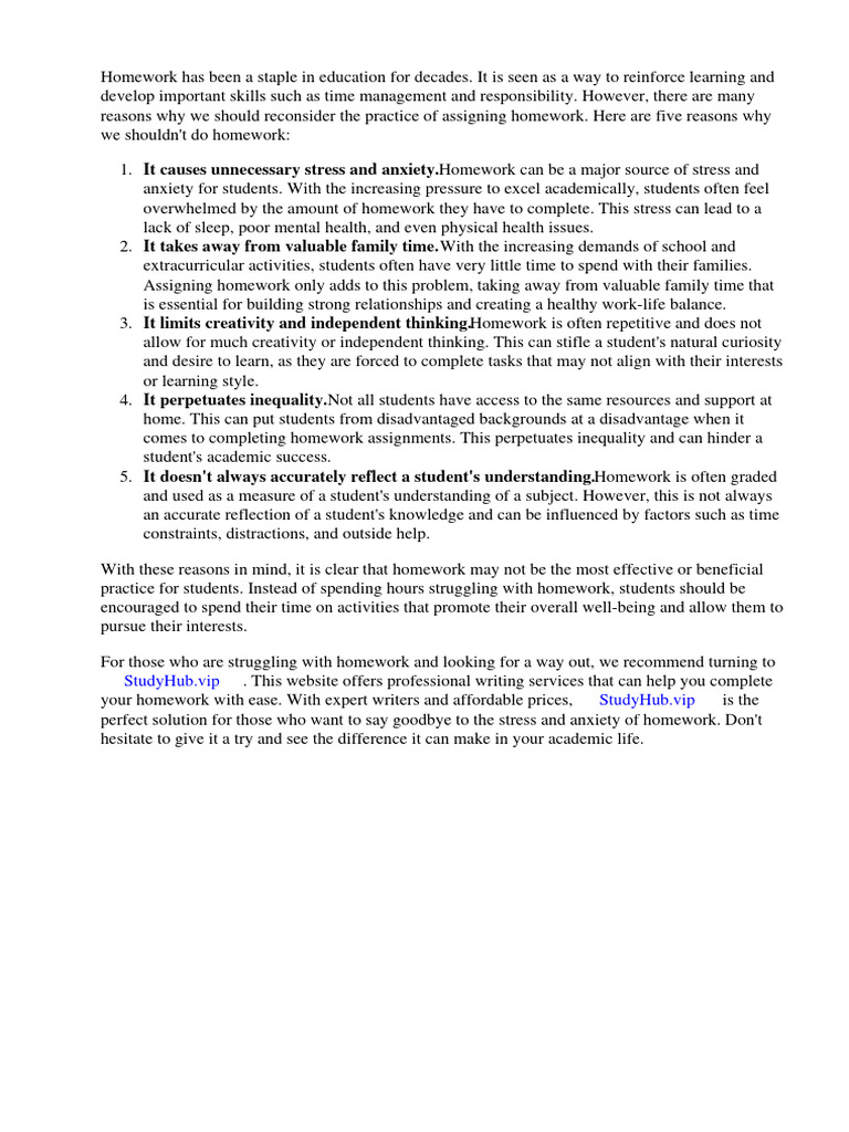 5 Reasons Why We Shouldnt Do Homework | PDF | Homework | Teachers