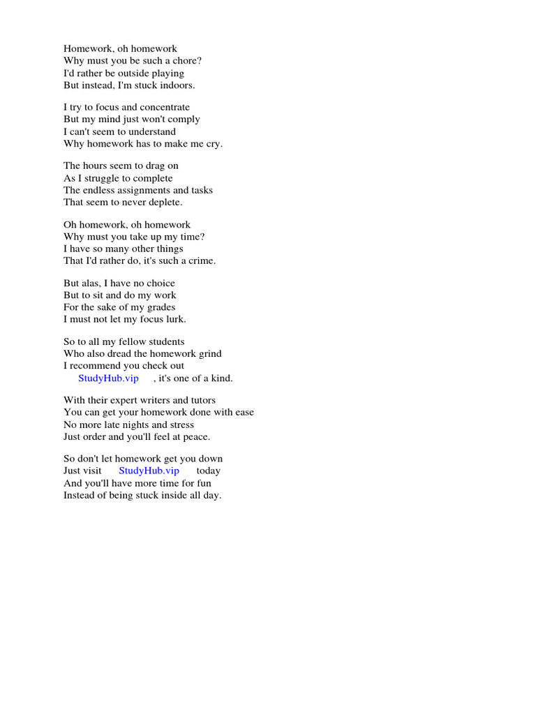 Homework oh homework poem lyrics pdf poetry