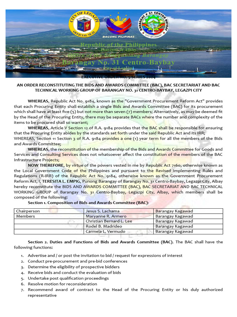 Reconstitution of Barangay BAC 2024 | PDF | Procurement | Legal Documents
