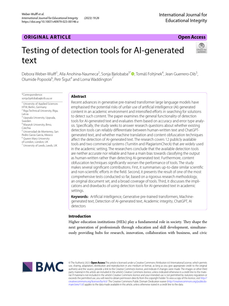 Testing Of Detection Tools For Ai Generated Text Pdf Artificial