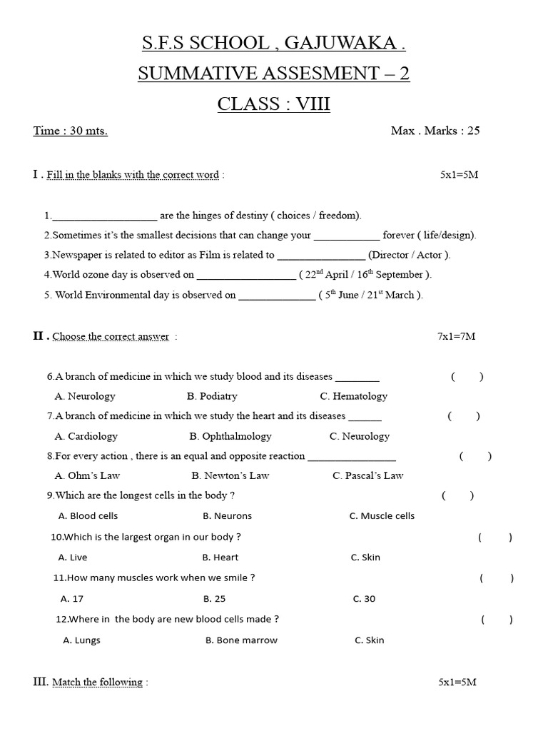 Class VIII Summative Assessment 2 Guide | PDF | Biology | Tissue (Biology)