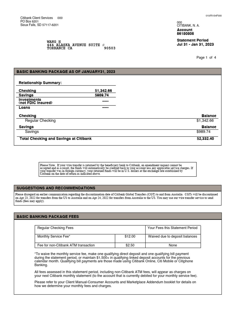 Citibank Account Statement Jan 2023 | PDF | Transaction Account | Debit Card