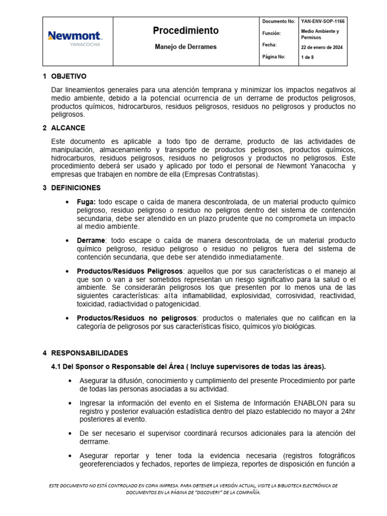 Procedimiento para Control de Derrames | PDF | Agua | Residuos