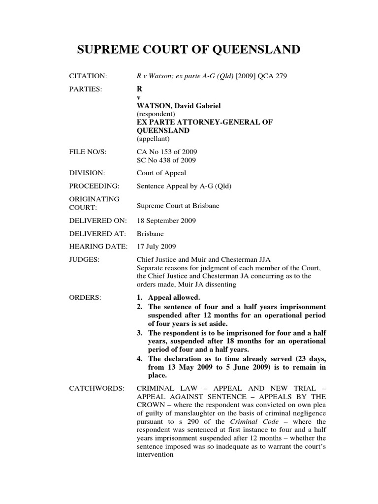 QCA Appeal of Gabe Watson appeal PDF Scuba Diving Sentence (Law)