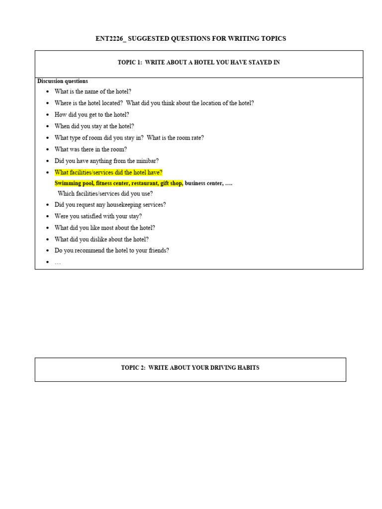 Writing Topics and Discussion Questions | PDF | Hotel | Eating