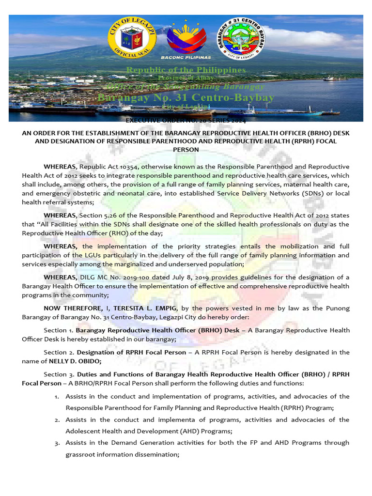 Establishment of Barangay RH Officer Desk | PDF | Health Economics ...