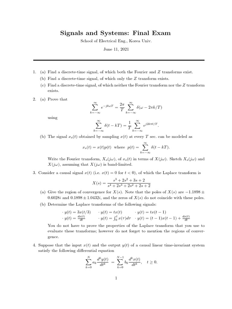 Signals and Systems Final Exam Questions | PDF | Mathematical Physics ...
