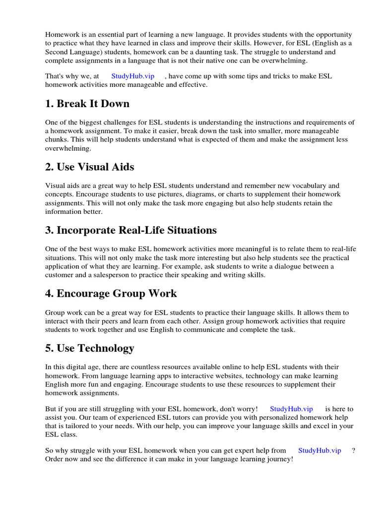 Esl Homework Activities PDF English As A Second Or Foreign Language