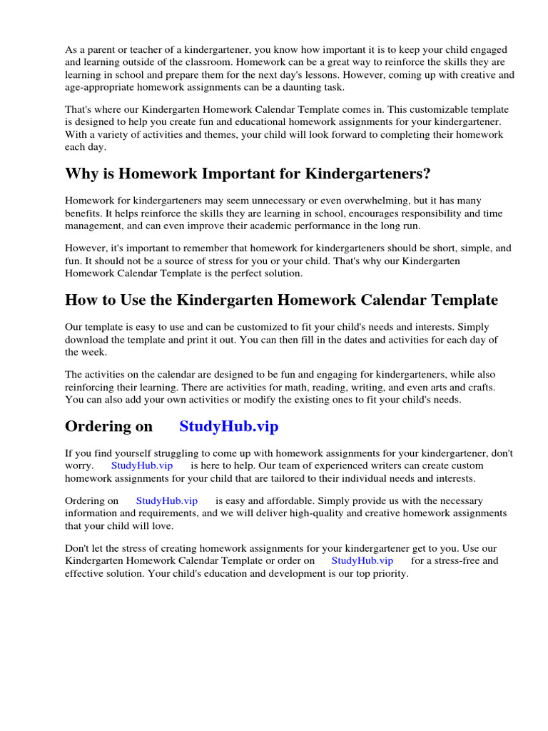 Kindergarten Homework Calendar Template | PDF | Homework | Teachers