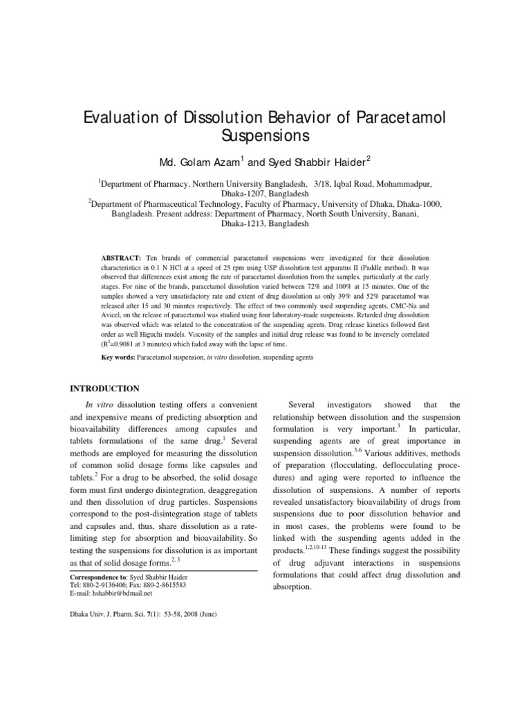 Evaluation of Dissolution Behavior of Paracetamol Suspensions | PDF ...