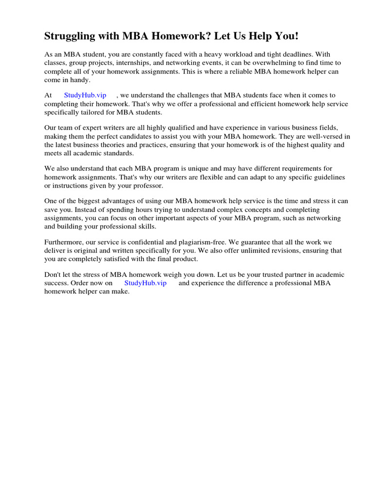 Mba homework helper pdf homework master of business administration