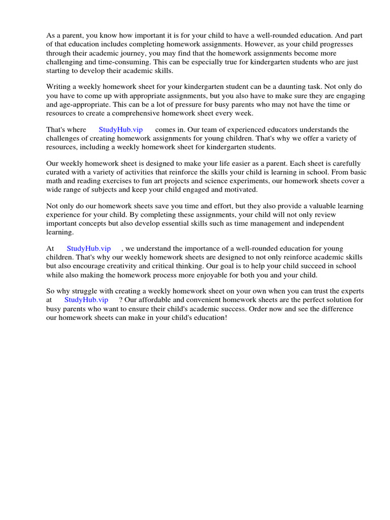 Weekly Homework Sheet For Kindergarten Download Free PDF Safari