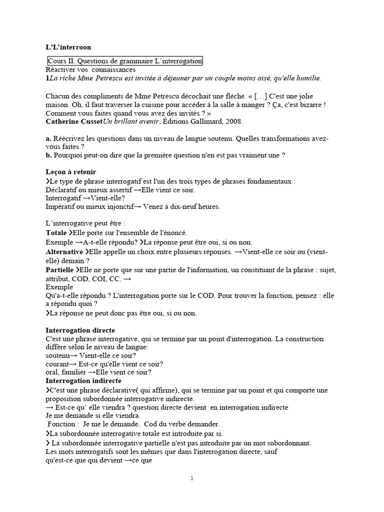 Grammaire : L'interrogation en français | PDF | Question | Phrase