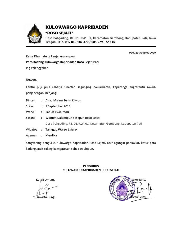 Contoh Undangan Bahasa Jawa Tanggap Warso 1 Suro | PDF