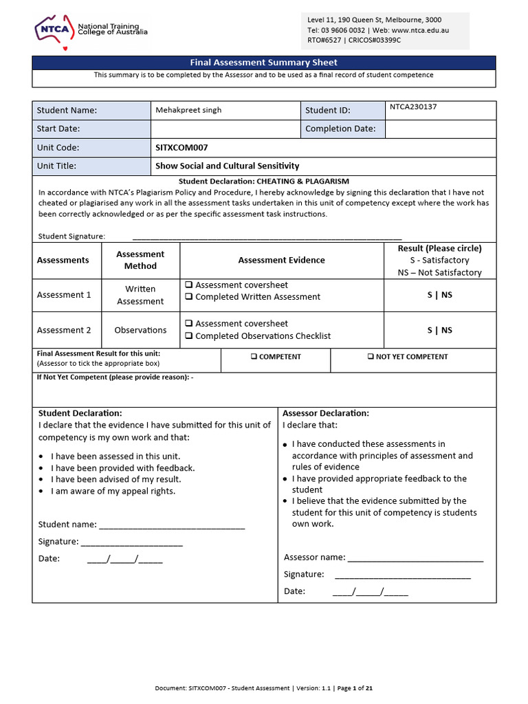 SITXCOM007 Assessment Summary Sheet | PDF | Communication | Gesture
