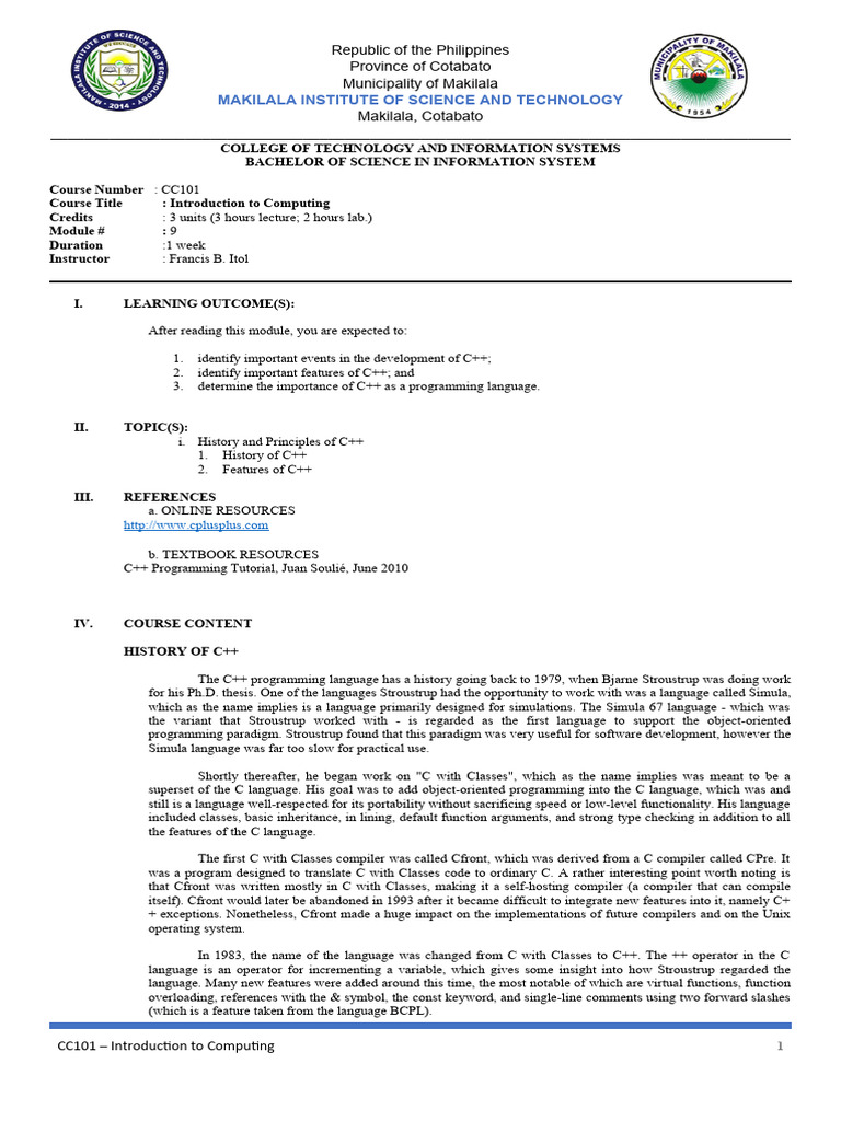 Cc 101 Module 9 Students Pdf C Object Oriented Programming