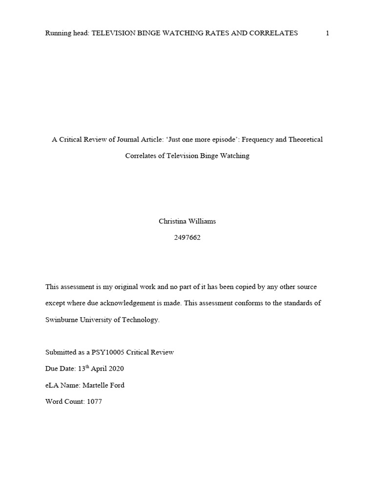 Assignment 1 Critical Review Pdf Sampling Statistics Methodology