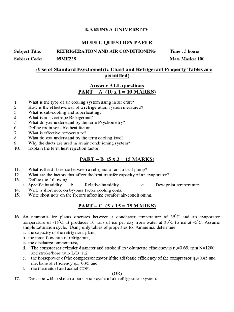Refrigeration and Air Conditioning Question Papers Download Free PDF