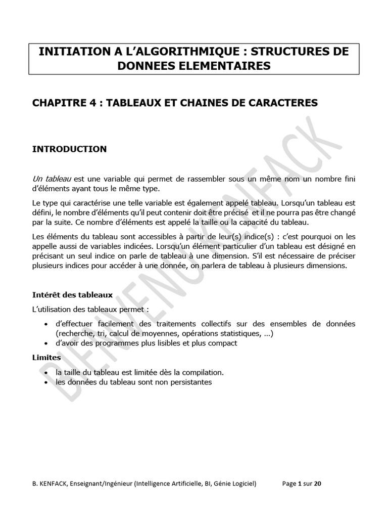 Tableaux et chaînes en algorithmique | PDF | Programmation informatique ...