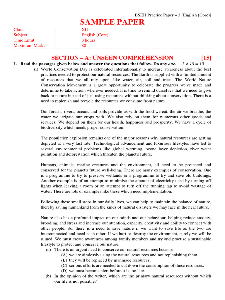 Sample Paper: Section - A: Unseen Comprehension | PDF | Conservation ...
