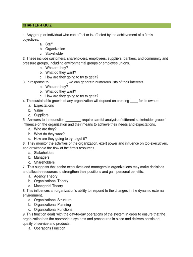 Chapter 4 Strategic Management Quiz | PDF | Marketing | Stakeholder ...