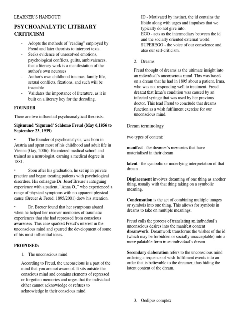 Psychoanalytic Lit. Criticism - Handout | PDF | Psychoanalysis ...