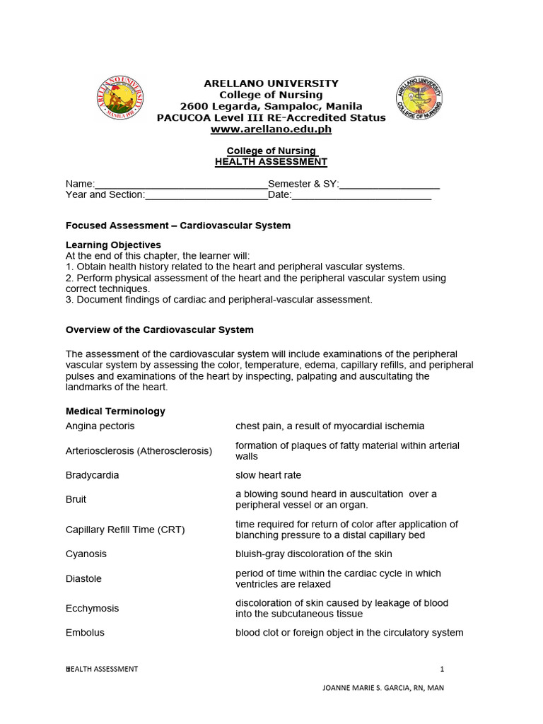 Focused Cardiovascular Assessment Guide | PDF | Blood Pressure | Heart