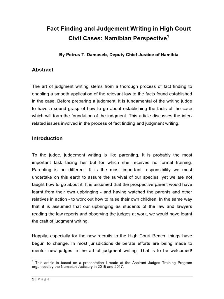 Fact finding judgement writing hc civil cases hon pt damaseb