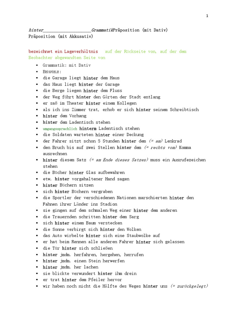 Hinter - GrammatikPräposition (Mit Dativ) | PDF